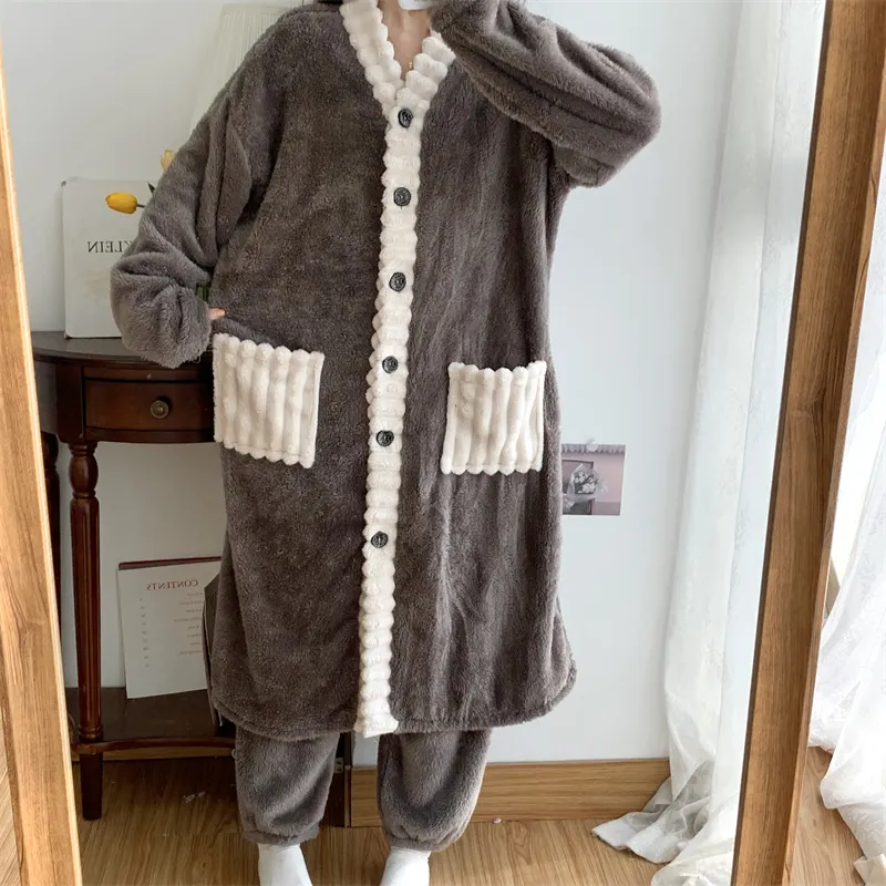 Real photos winter new robe set women coral fleece pajamas long plush long bathrobe set · Wholesale · OEM · Worldwide Shipping - Detail 18