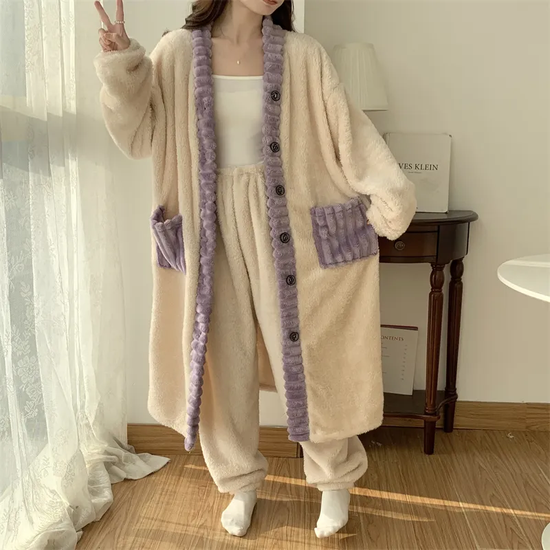 Real photos winter new robe set women coral fleece pajamas long plush long bathrobe set · Wholesale · OEM · Worldwide Shipping - Detail 27