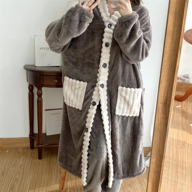 Real photos winter new robe set women coral fleece pajamas long plush long bathrobe set · Wholesale · OEM · Worldwide Shipping - Detail 22