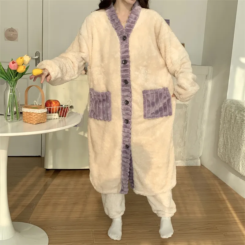 Real photos winter new robe set women coral fleece pajamas long plush long bathrobe set · Wholesale · OEM · Worldwide Shipping - Detail 34