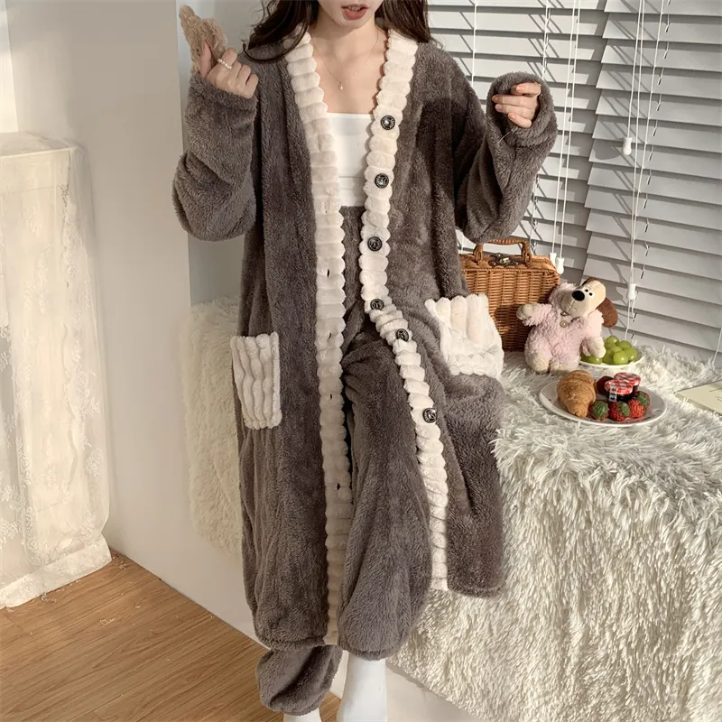 Real photos winter new robe set women coral fleece pajamas long plush long bathrobe set · Wholesale · OEM · Worldwide Shipping - Detail 7