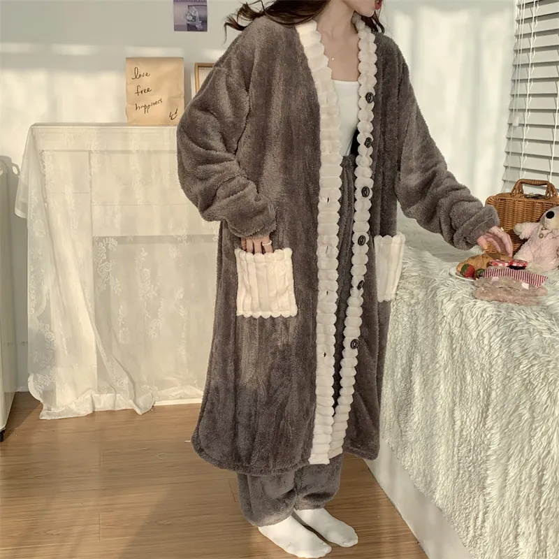 Real photos winter new robe set women coral fleece pajamas long plush long bathrobe set · Wholesale · OEM · Worldwide Shipping - Detail 13