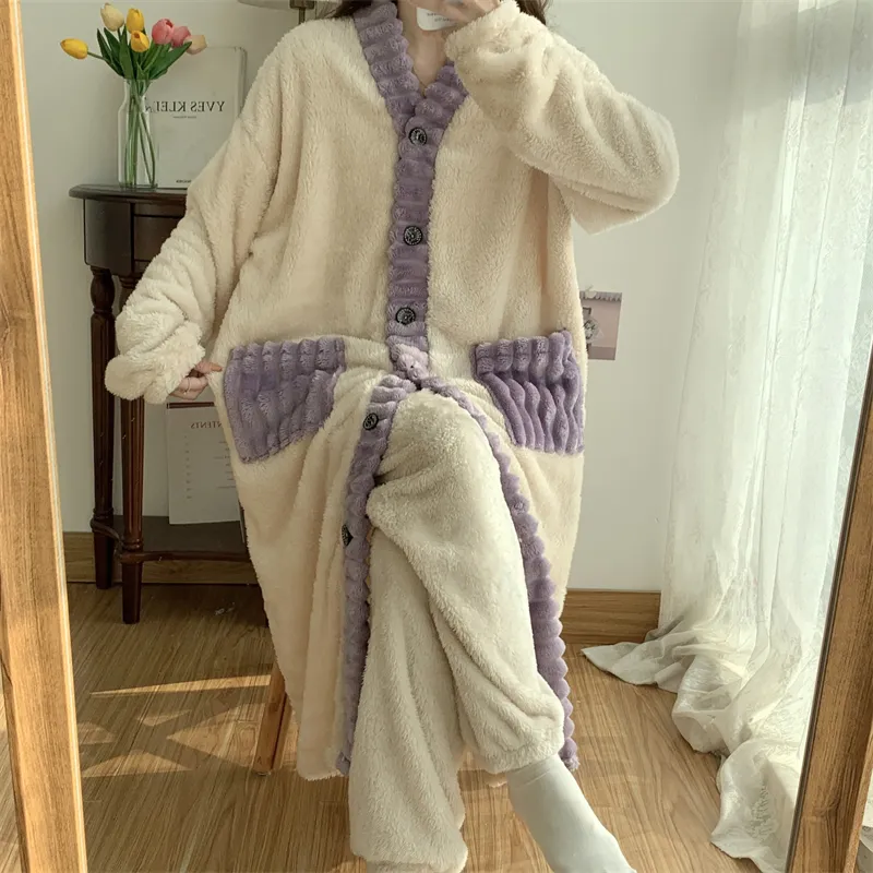Real photos winter new robe set women coral fleece pajamas long plush long bathrobe set · Wholesale · OEM · Worldwide Shipping - Detail 37