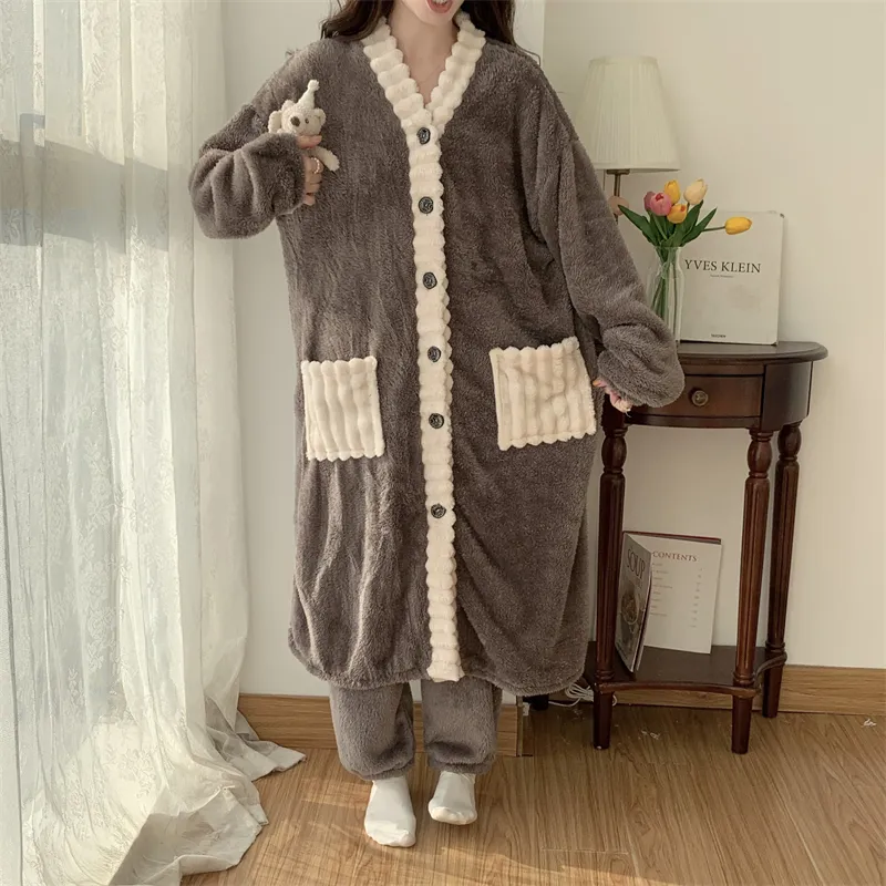 Real photos winter new robe set women coral fleece pajamas long plush long bathrobe set · Wholesale · OEM · Worldwide Shipping - Detail 24