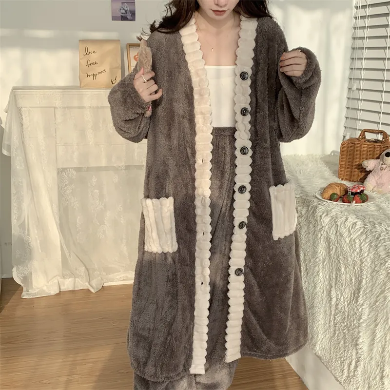 Real photos winter new robe set women coral fleece pajamas long plush long bathrobe set · Wholesale · OEM · Worldwide Shipping - Detail 6