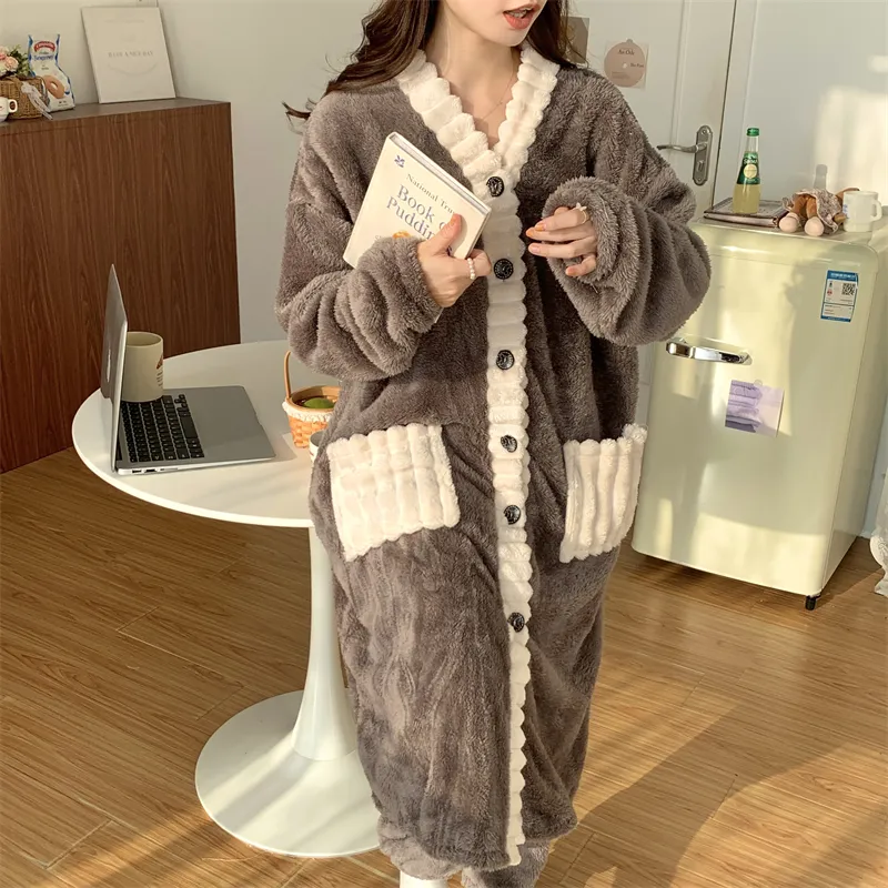 Real photos winter new robe set women coral fleece pajamas long plush long bathrobe set · Wholesale · OEM · Worldwide Shipping - Detail 14