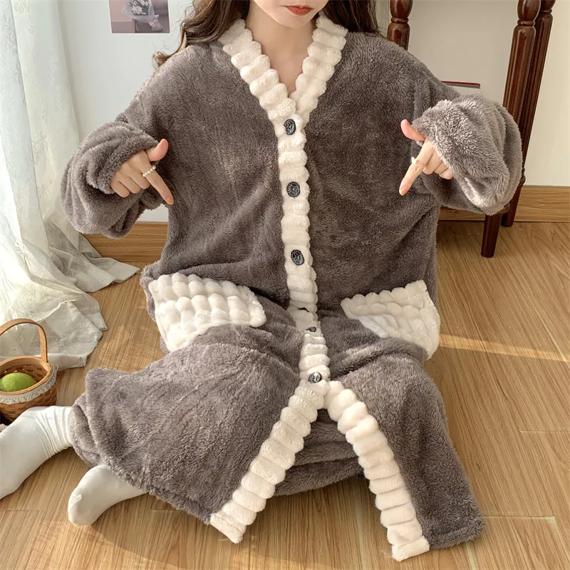 Real photos winter new robe set women coral fleece pajamas long plush long bathrobe set · Wholesale · OEM · Worldwide Shipping - Detail 15