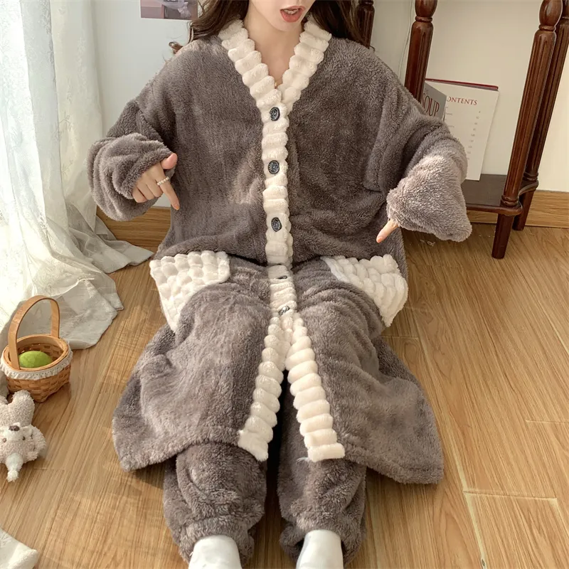 Real photos winter new robe set women coral fleece pajamas long plush long bathrobe set · Wholesale · OEM · Worldwide Shipping - Detail 16