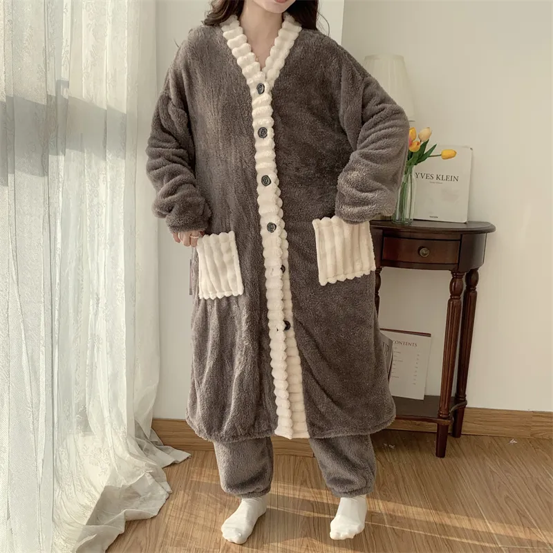 Real photos winter new robe set women coral fleece pajamas long plush long bathrobe set · Wholesale · OEM · Worldwide Shipping - Detail 17