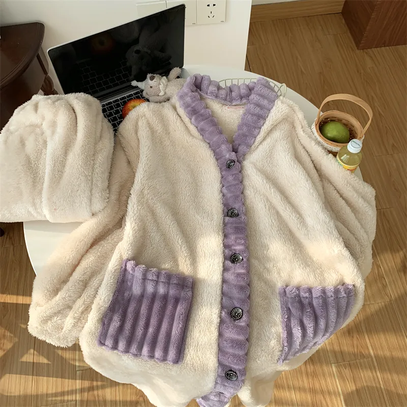 Real photos winter new robe set women coral fleece pajamas long plush long bathrobe set · Wholesale · OEM · Worldwide Shipping - Detail 25