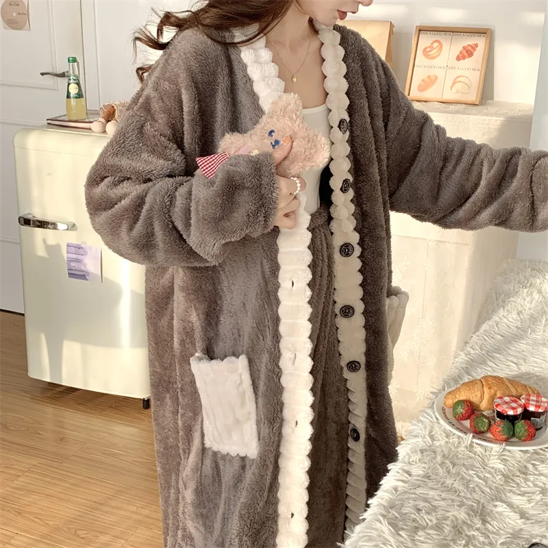 Real photos winter new robe set women coral fleece pajamas long plush long bathrobe set · Wholesale · OEM · Worldwide Shipping - Detail 10