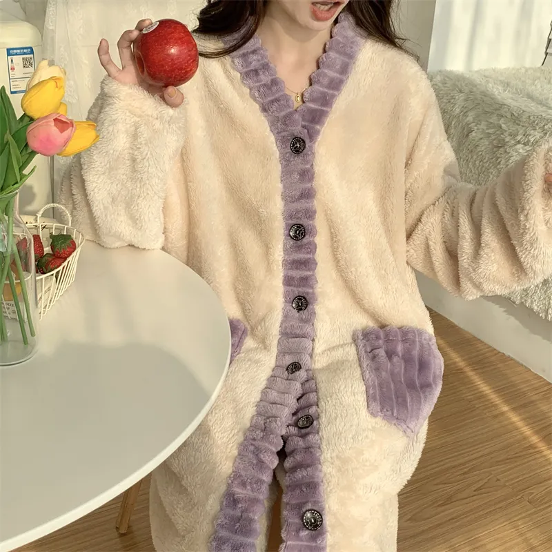 Real photos winter new robe set women coral fleece pajamas long plush long bathrobe set · Wholesale · OEM · Worldwide Shipping - Detail 30