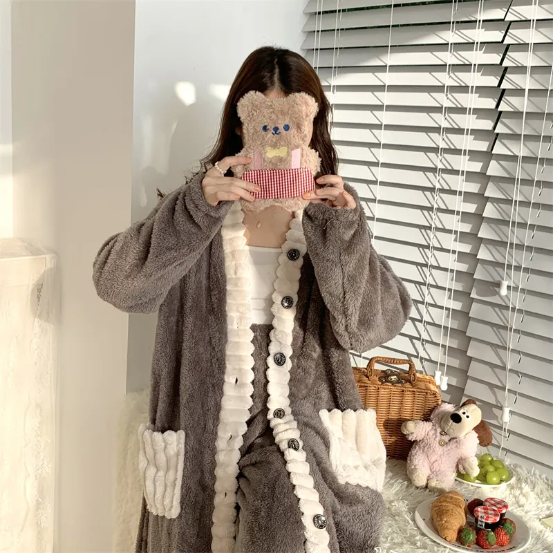 Real photos winter new robe set women coral fleece pajamas long plush long bathrobe set · Wholesale · OEM · Worldwide Shipping - Detail 8