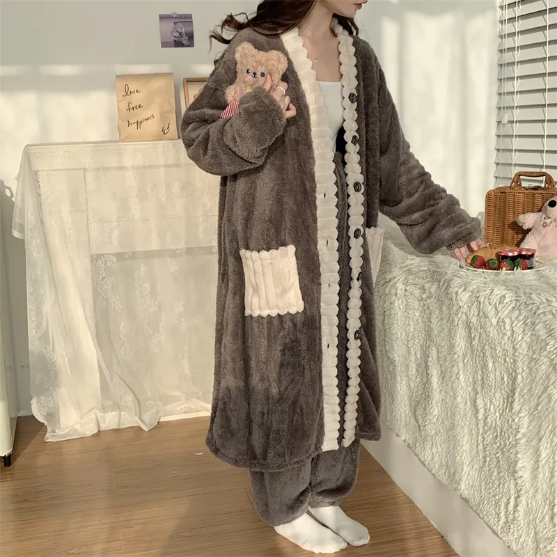 Real photos winter new robe set women coral fleece pajamas long plush long bathrobe set · Wholesale · OEM · Worldwide Shipping - Detail 5