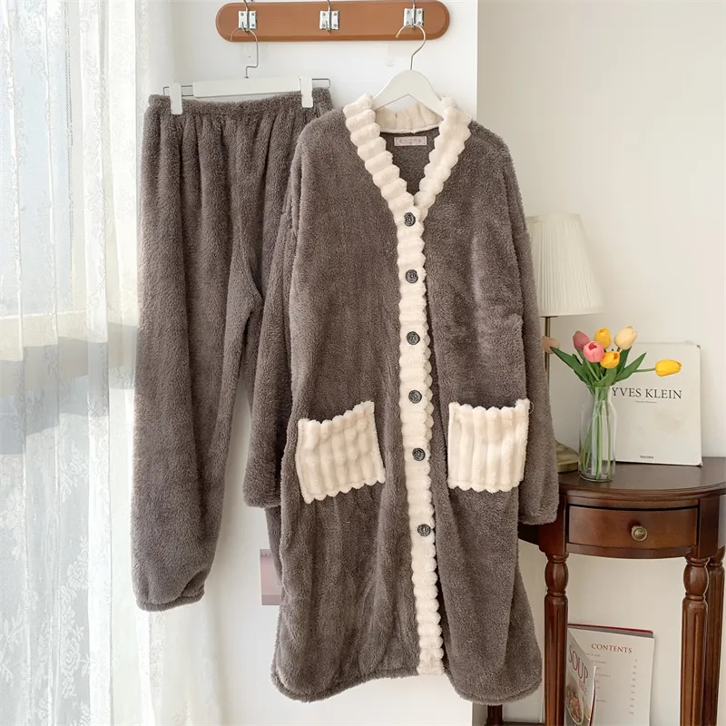 Real photos winter new robe set women coral fleece pajamas long plush long bathrobe set · Wholesale · OEM · Worldwide Shipping - Detail 2