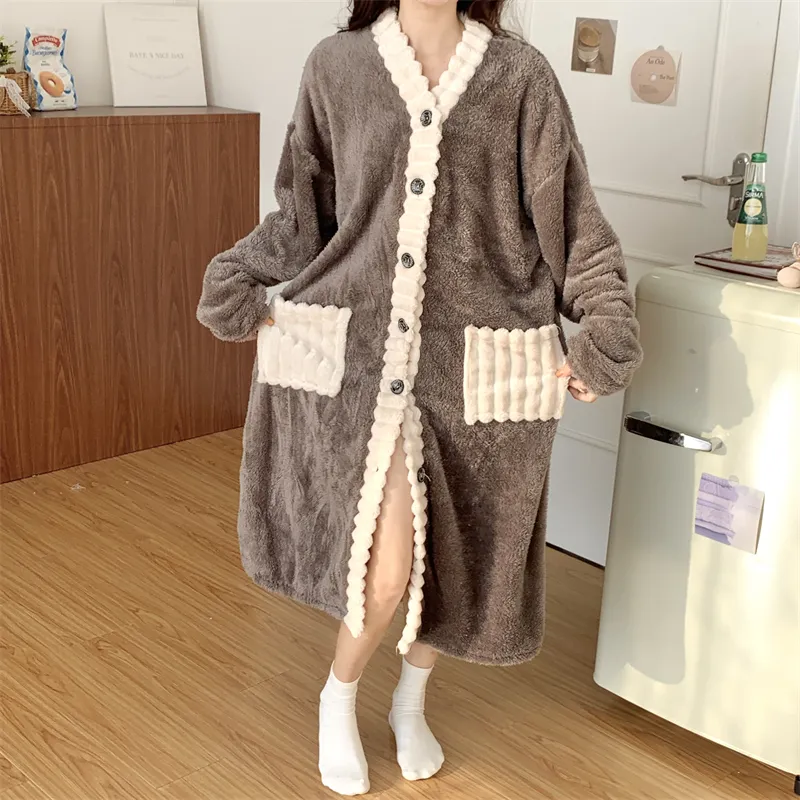 Real photos winter new robe set women coral fleece pajamas long plush long bathrobe set · Wholesale · OEM · Worldwide Shipping - Detail 9