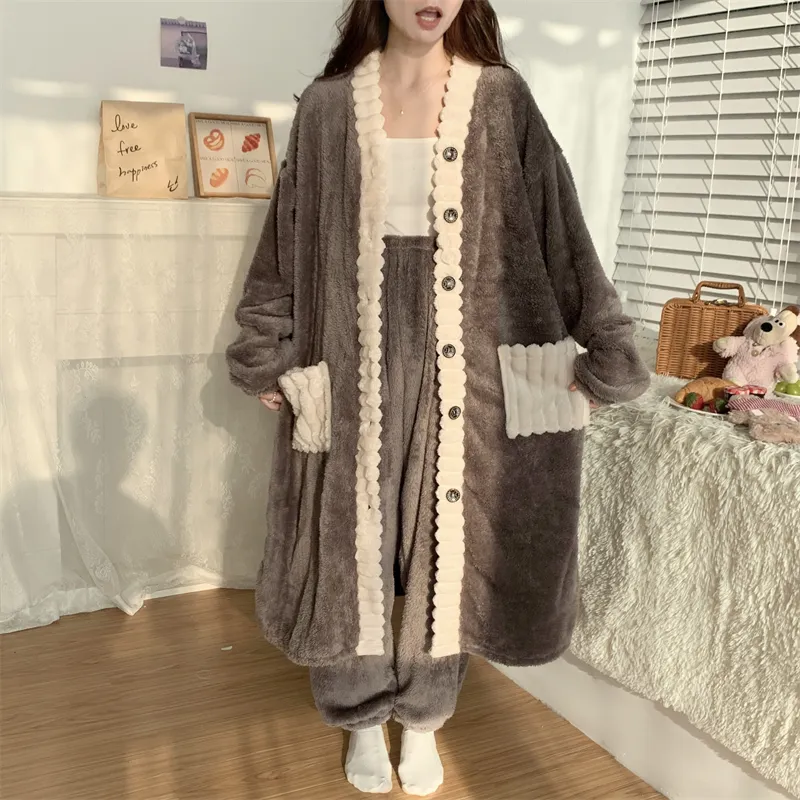 Real photos winter new robe set women coral fleece pajamas long plush long bathrobe set · Wholesale · OEM · Worldwide Shipping - Detail 12