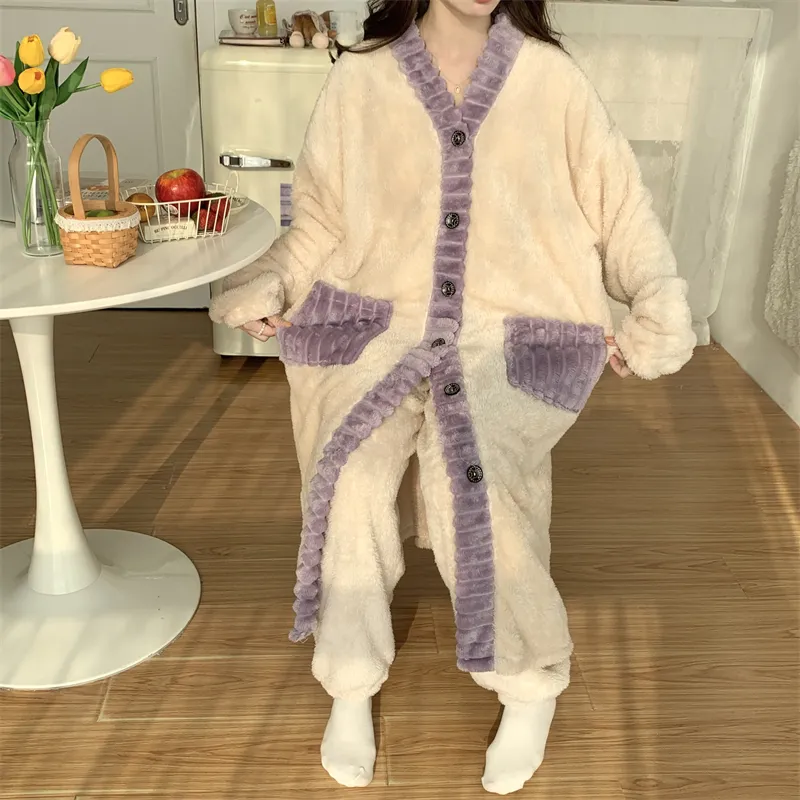 Real photos winter new robe set women coral fleece pajamas long plush long bathrobe set · Wholesale · OEM · Worldwide Shipping - Detail 28