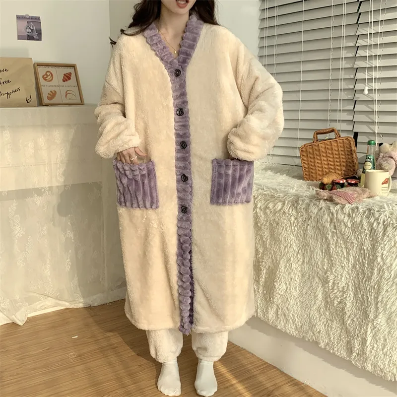 Real photos winter new robe set women coral fleece pajamas long plush long bathrobe set · Wholesale · OEM · Worldwide Shipping - Detail 31