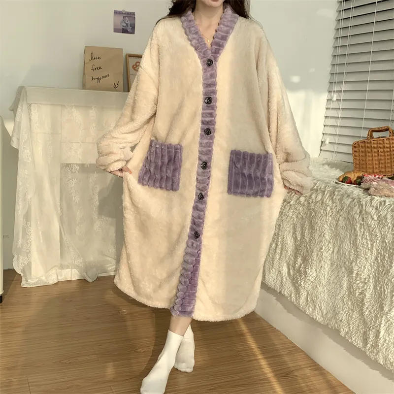 Real photos winter new robe set women coral fleece pajamas long plush long bathrobe set · Wholesale · OEM · Worldwide Shipping - Detail 33