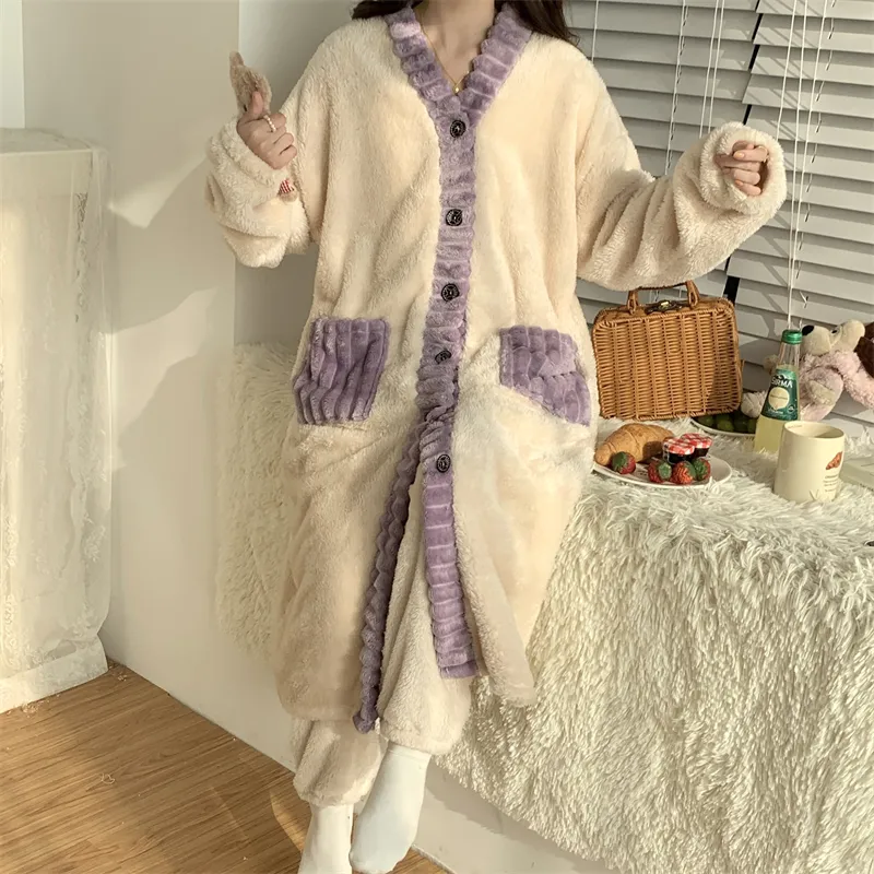 Real photos winter new robe set women coral fleece pajamas long plush long bathrobe set · Wholesale · OEM · Worldwide Shipping - Detail 32