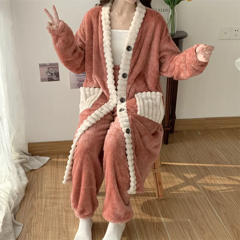 Real photos winter new robe set women coral fleece pajamas long plush long bathrobe set · Wholesale · OEM · Worldwide Shipping - View 3