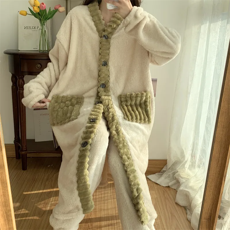 Real photos winter new robe set women coral fleece pajamas long plush long bathrobe set · Wholesale · OEM · Worldwide Shipping - View 2