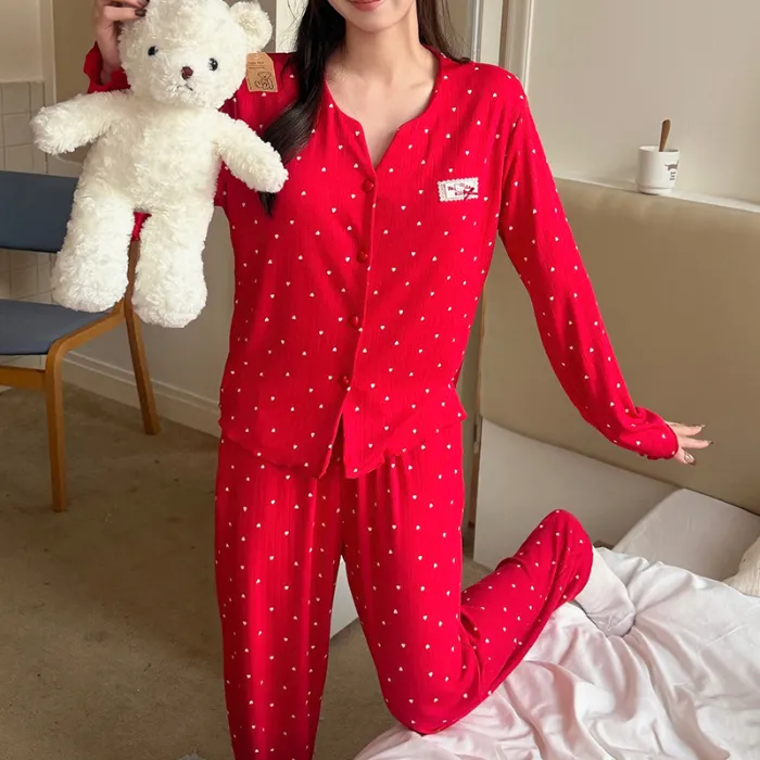 Women's Pajama Spring Autumn New 3-Piece Set with Chest Pad, Pure Cotton Jacquard, Premium Comfortable Wearable Outside Loungewear · Wholesale · OEM · Worldwide Shipping - Detail 1