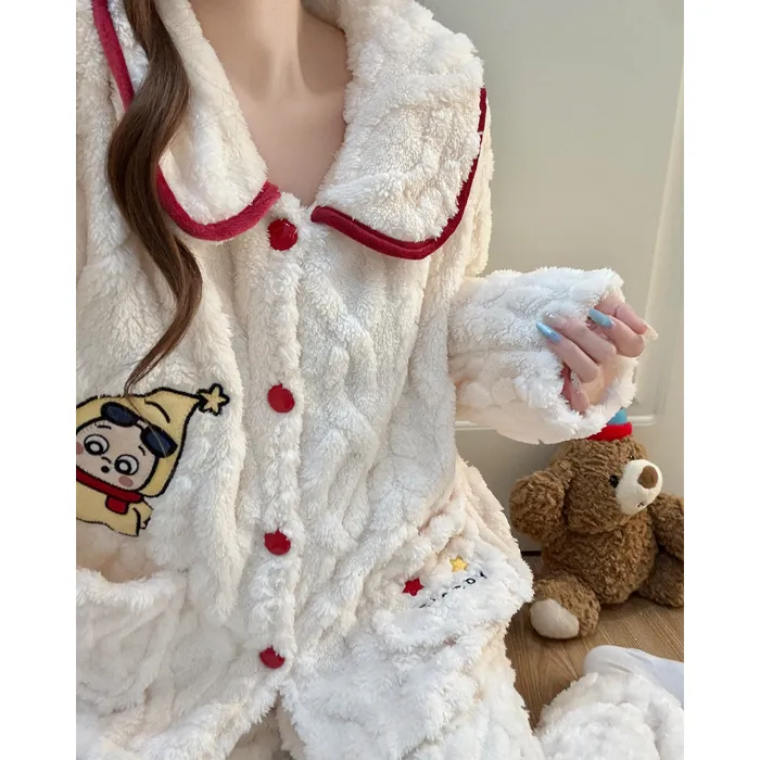 8816J# Winter New Pajamas Women Long Plush Cardigan Doll Collar Sweet Girl Loungewear Set 260g · Wholesale · OEM · Worldwide Shipping - Detail 3