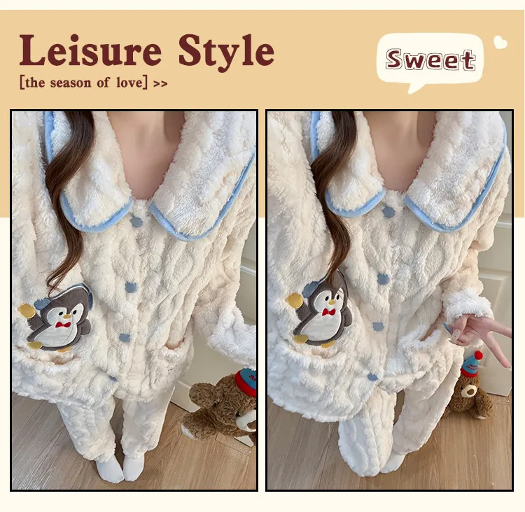 8816J# Winter New Pajamas Women Long Plush Cardigan Doll Collar Sweet Girl Loungewear Set 260g · Wholesale · OEM · Worldwide Shipping - Detail 14