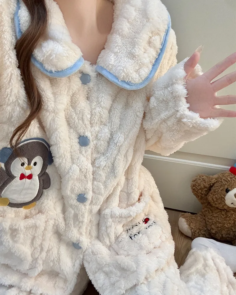 8816J# Winter New Pajamas Women Long Plush Cardigan Doll Collar Sweet Girl Loungewear Set 260g · Wholesale · OEM · Worldwide Shipping