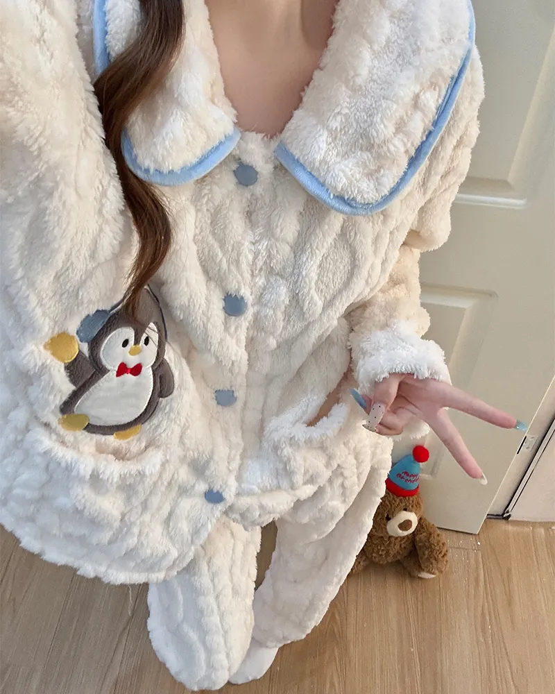 8816J# Winter New Pajamas Women Long Plush Cardigan Doll Collar Sweet Girl Loungewear Set 260g · Wholesale · OEM · Worldwide Shipping - View 3