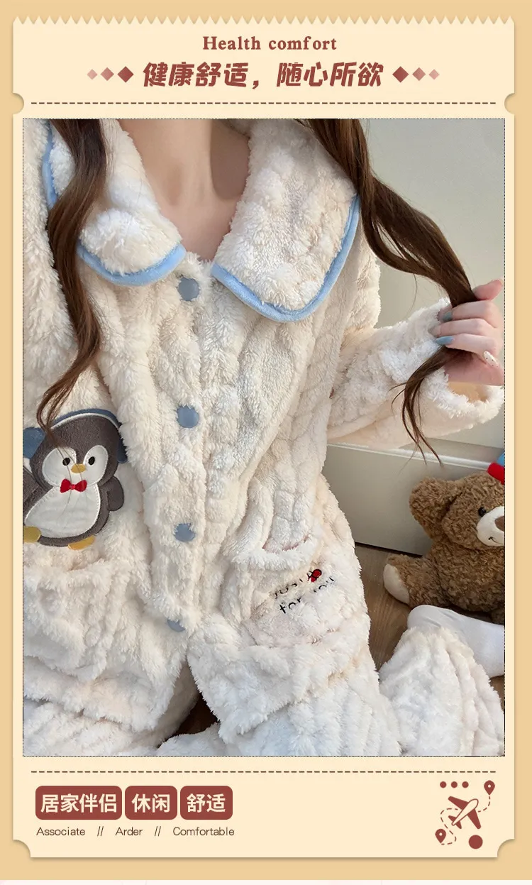 8816J# Winter New Pajamas Women Long Plush Cardigan Doll Collar Sweet Girl Loungewear Set 260g · Wholesale · OEM · Worldwide Shipping - Detail 4