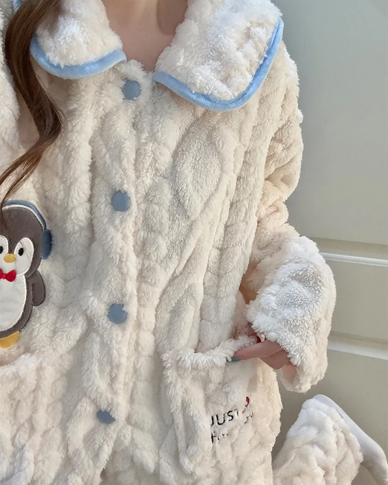 8816J# Winter New Pajamas Women Long Plush Cardigan Doll Collar Sweet Girl Loungewear Set 260g · Wholesale · OEM · Worldwide Shipping - View 4