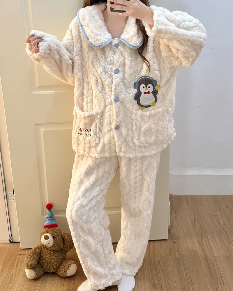8816J# Winter New Pajamas Women Long Plush Cardigan Doll Collar Sweet Girl Loungewear Set 260g · Wholesale · OEM · Worldwide Shipping - View 1