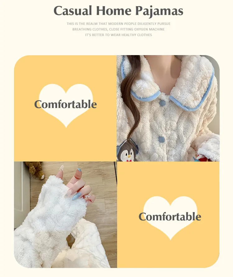 8816J# Winter New Pajamas Women Long Plush Cardigan Doll Collar Sweet Girl Loungewear Set 260g · Wholesale · OEM · Worldwide Shipping - Detail 8
