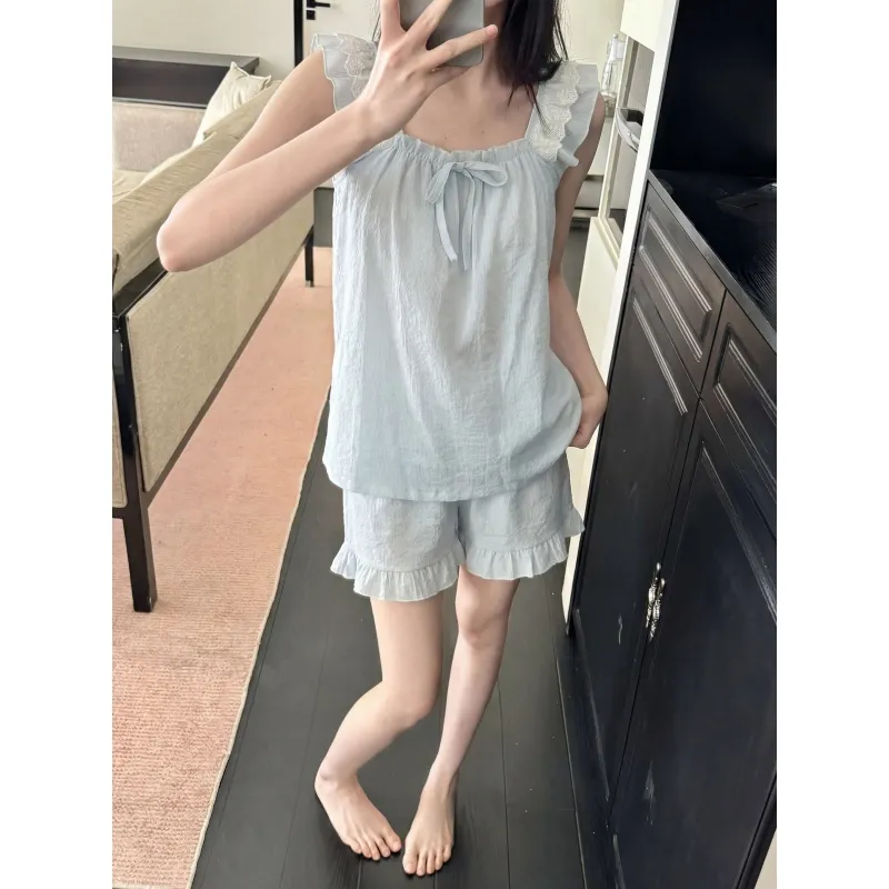 Débardeur de nuit pour femme en coton nuage jacquard avec coussinets de poitrine fixes, pyjama d'extérieur en couleur unie avec dentelle · Grossiste · OEM · Mondial - View 4
