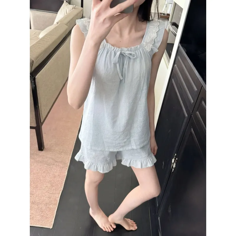 Débardeur de nuit pour femme en coton nuage jacquard avec coussinets de poitrine fixes, pyjama d'extérieur en couleur unie avec dentelle · Grossiste · OEM · Mondial - View 2
