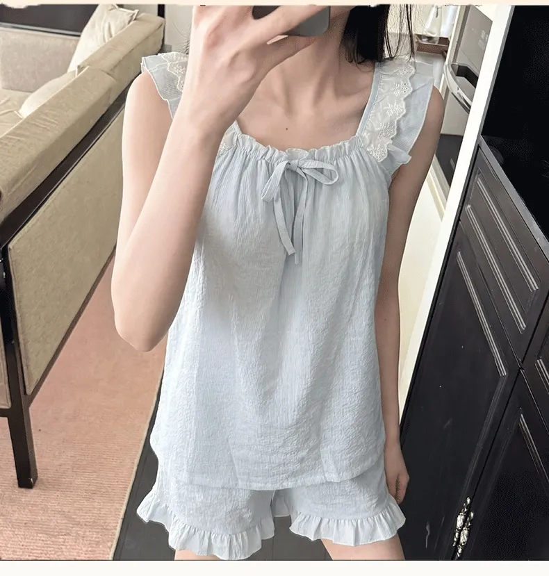 Débardeur de nuit pour femme en coton nuage jacquard avec coussinets de poitrine fixes, pyjama d'extérieur en couleur unie avec dentelle · Grossiste · OEM · Mondial - Detail 10