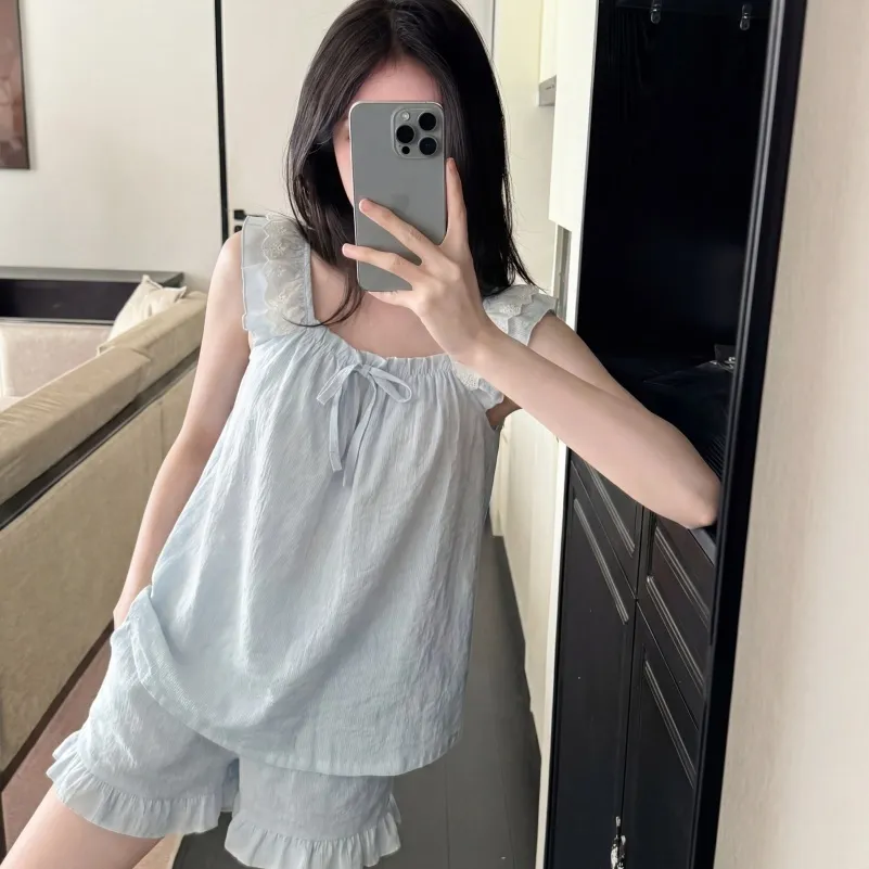 Débardeur de nuit pour femme en coton nuage jacquard avec coussinets de poitrine fixes, pyjama d'extérieur en couleur unie avec dentelle · Grossiste · OEM · Mondial - View 1