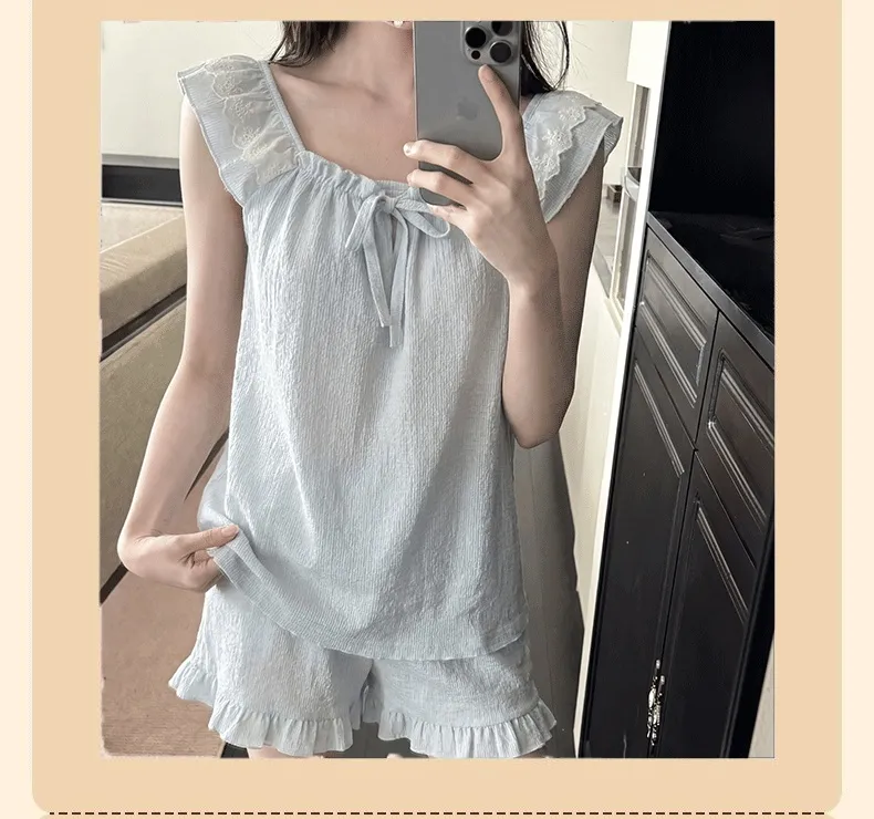 Débardeur de nuit pour femme en coton nuage jacquard avec coussinets de poitrine fixes, pyjama d'extérieur en couleur unie avec dentelle · Grossiste · OEM · Mondial - Detail 8