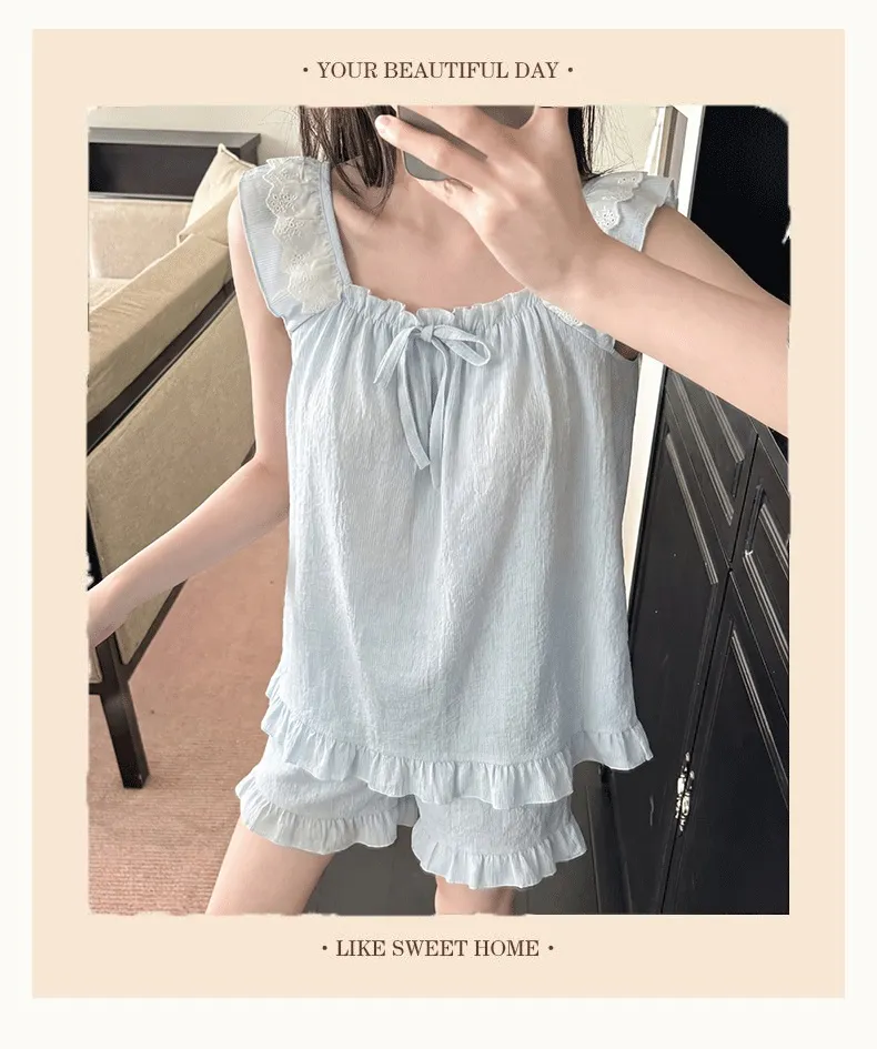 Débardeur de nuit pour femme en coton nuage jacquard avec coussinets de poitrine fixes, pyjama d'extérieur en couleur unie avec dentelle · Grossiste · OEM · Mondial - Detail 11
