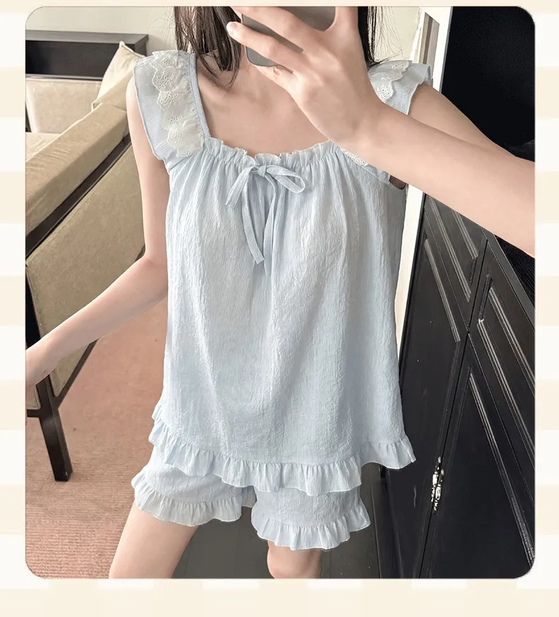 Débardeur de nuit pour femme en coton nuage jacquard avec coussinets de poitrine fixes, pyjama d'extérieur en couleur unie avec dentelle · Grossiste · OEM · Mondial - Detail 4