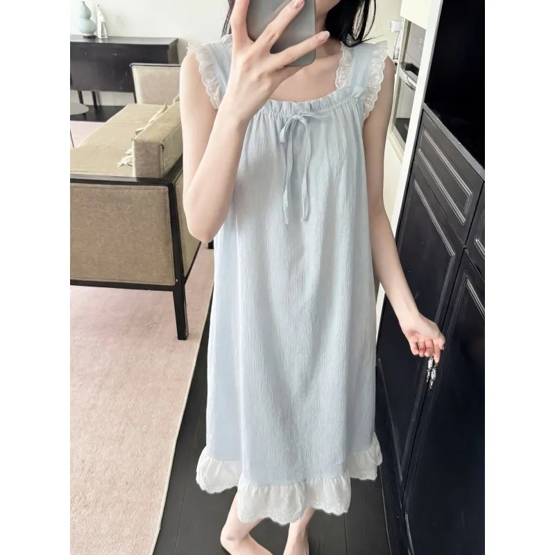 Jacquard Cloud Cotton Fixed Padded Summer Camisole Sleep Dress for Women with Lace Sweet Homewear · Wholesale · OEM · Worldwide Shipping - View 3