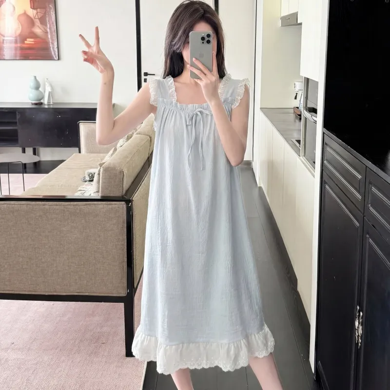 Jacquard Cloud Cotton Fixed Padded Summer Camisole Sleep Dress for Women with Lace Sweet Homewear · Wholesale · OEM · Worldwide Shipping - View 4