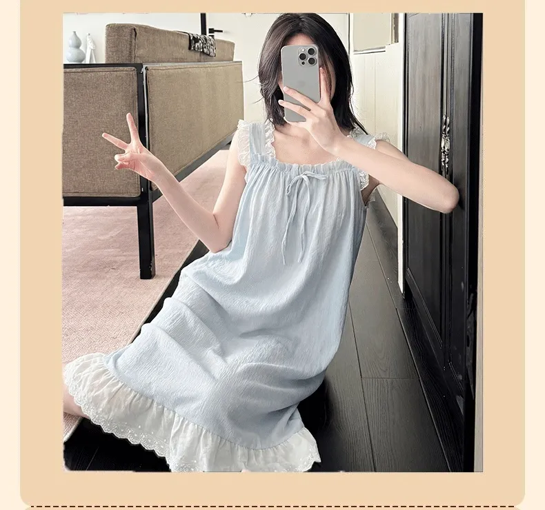 Jacquard Cloud Cotton Fixed Padded Summer Camisole Sleep Dress for Women with Lace Sweet Homewear · Wholesale · OEM · Worldwide Shipping - Detail 8