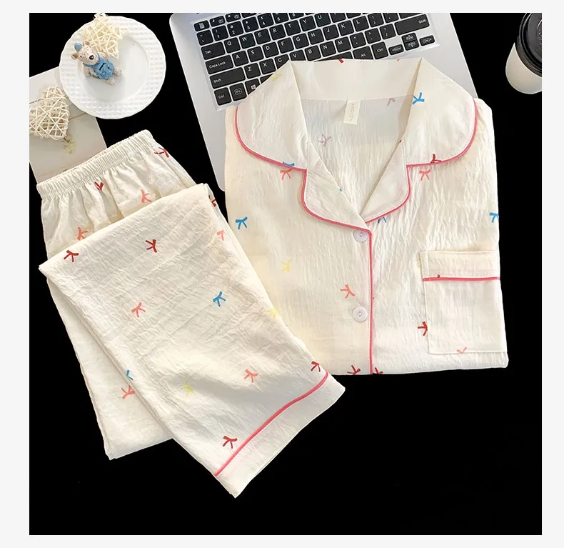Musim Panas Wanita Baru Cloud Cotton Lengan Panjang Celana Panjang Set Dua Potong Cetak Kartun Kerah Cardigan · Grosir · OEM · Pengiriman Global - Detail 7