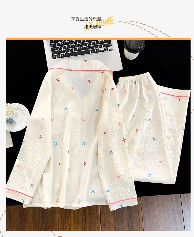 Musim Panas Wanita Baru Cloud Cotton Lengan Panjang Celana Panjang Set Dua Potong Cetak Kartun Kerah Cardigan · Grosir · OEM · Pengiriman Global - Detail 5