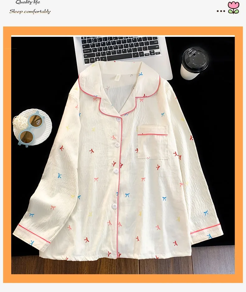 Musim Panas Wanita Baru Cloud Cotton Lengan Panjang Celana Panjang Set Dua Potong Cetak Kartun Kerah Cardigan · Grosir · OEM · Pengiriman Global - Detail 4