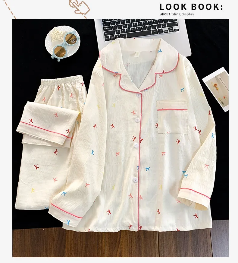 Musim Panas Wanita Baru Cloud Cotton Lengan Panjang Celana Panjang Set Dua Potong Cetak Kartun Kerah Cardigan · Grosir · OEM · Pengiriman Global - Detail 6